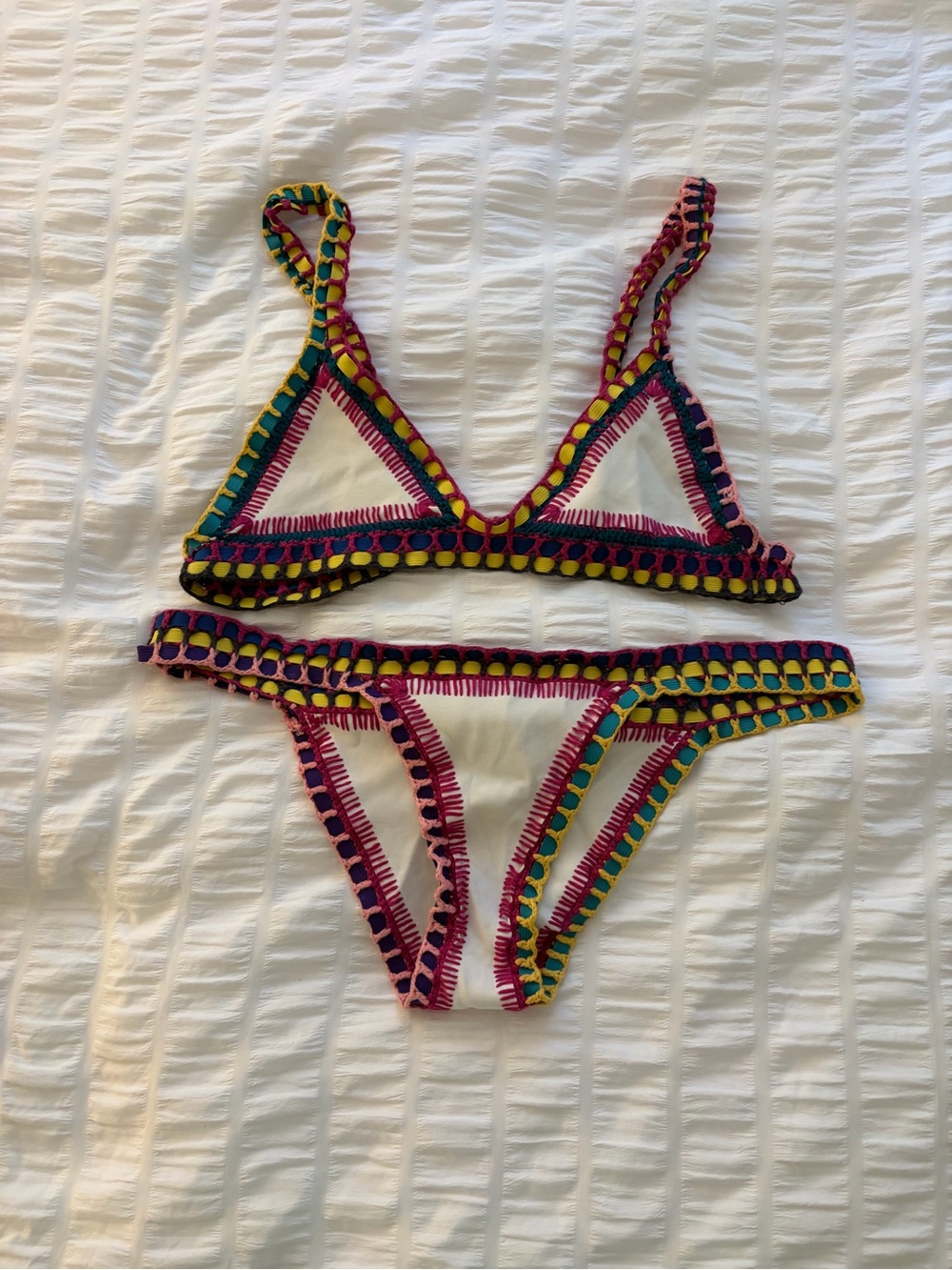 KIINI White Bikini with Pink, Yellow & Green Crochet Trim